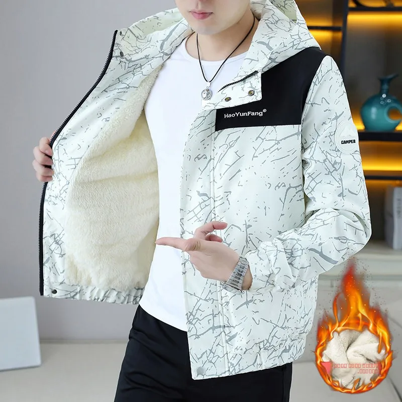 

Men's Hooded Jaet Outerwear Fce Lined Thiened Autumn Winter Youth Cotton Clothes Korean Sle Casual Print 07