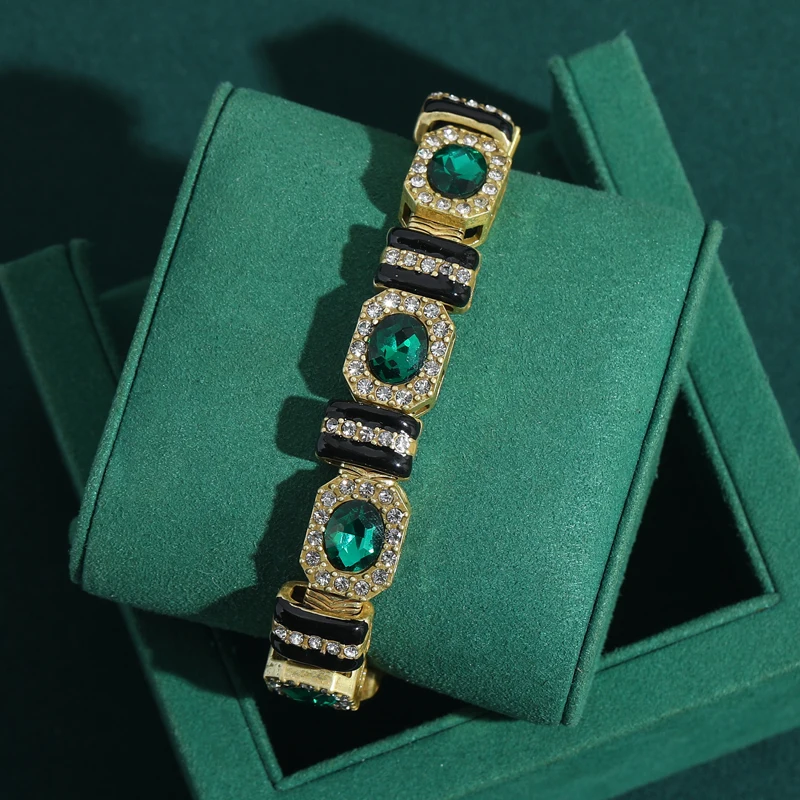 

Gold Color Vintage Crystal Green Bracelet Black Rhinestone Antique Women Quality Charm Birthday Jewelry For Banquet Accessories