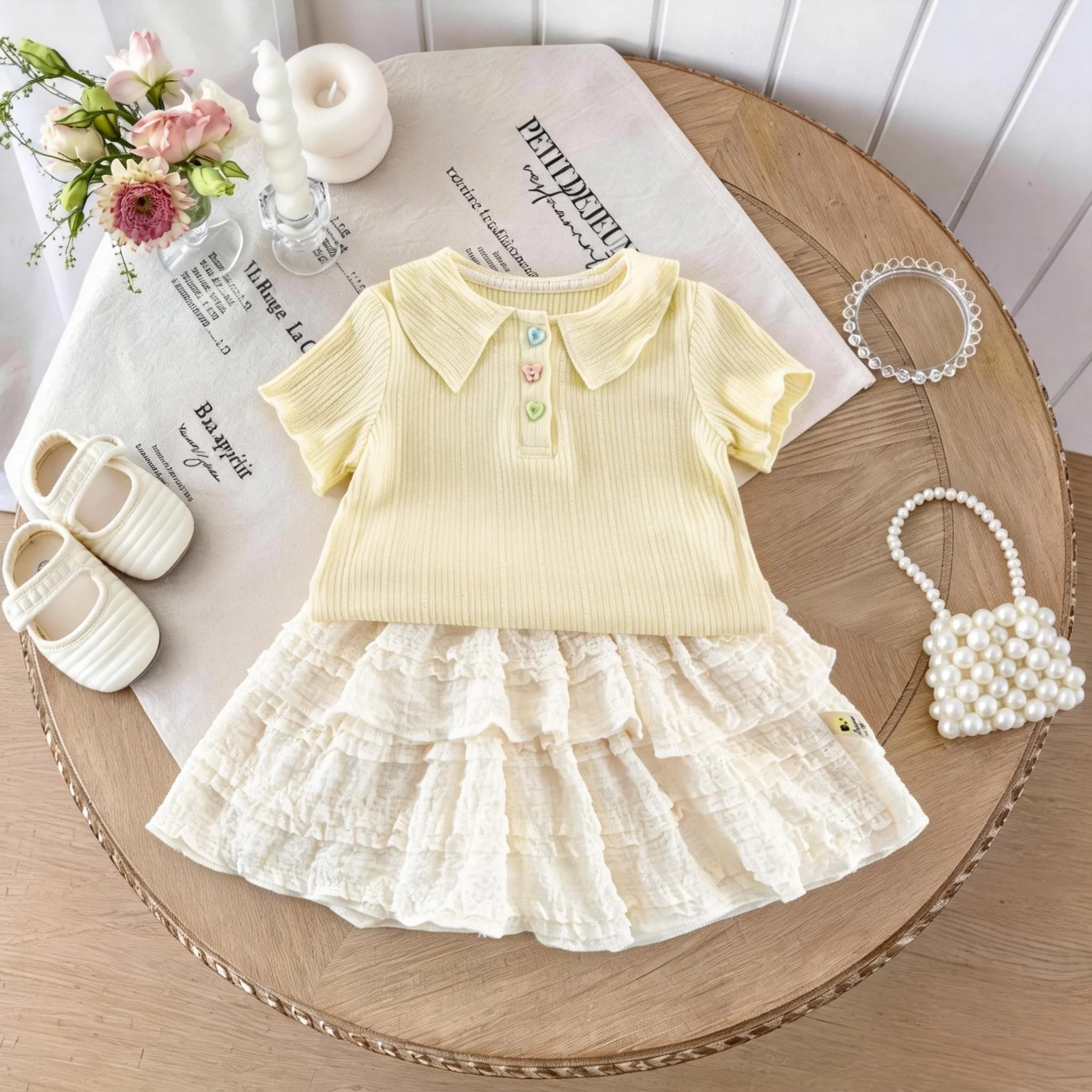

2026 New style baby girl set-short sleeved T-shirt for summer, chic collar underwear, cake skirt set of two pieces