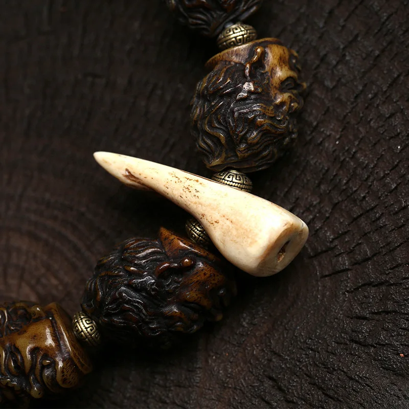 Tibetan-Style Reclaimed Bone Black Buddha Astrological Play Bracelet A-Dai Polished Copper Clasp Prayer Bead Bracelet