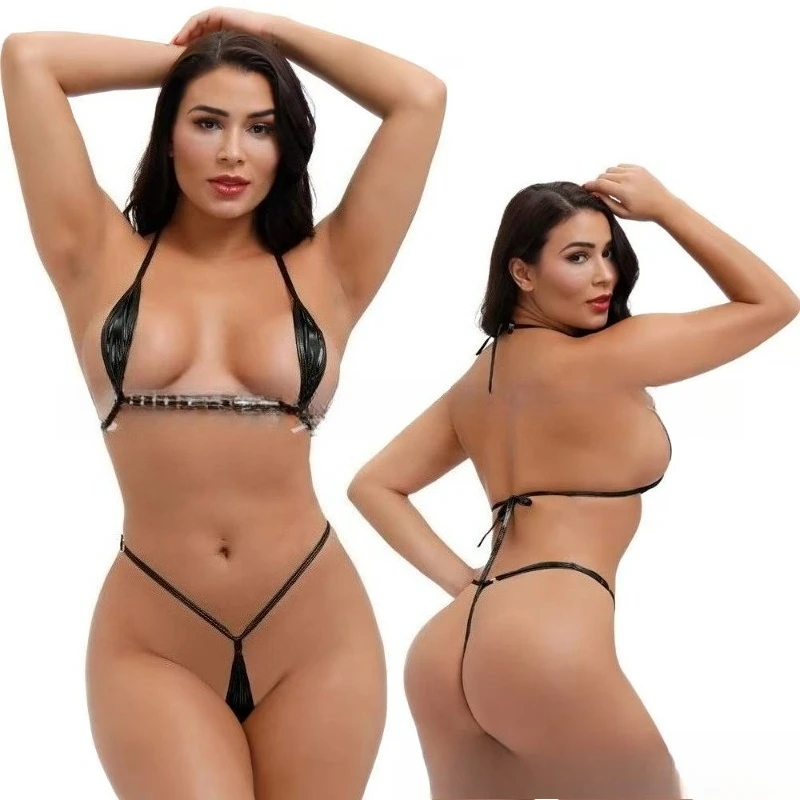 Women Swimwear Shiny Erotic Mini Bikini Lingerie Set Halter Neck Bra Micro G String Thong Underwear PU Patent Leather Swimsuit