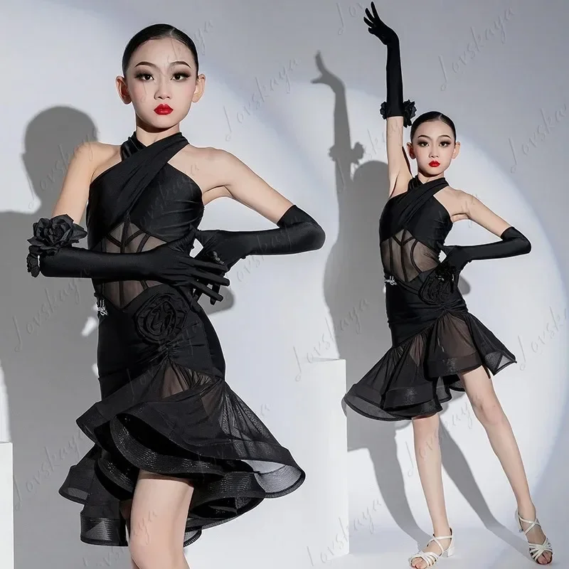 Latin Dance Clothes Girls' Big Swing Skirt Spring Practice Competition Less Children