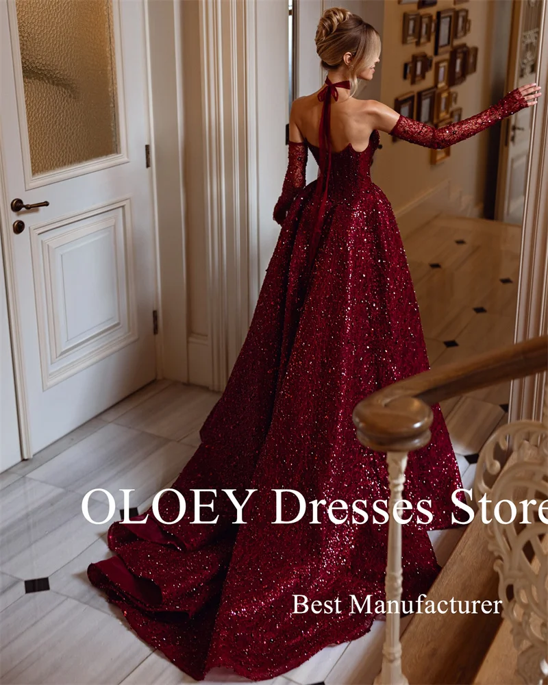 فساتين سهرة من OLOEY باللون الأحمر الداكن اللامع على شكل قلب فساتين حفلات لامعة مناسبة رسمية للحفلات فساتين مخصصة