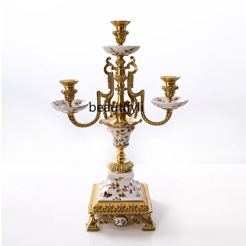 

European-Style Luxury Home Model Room Decoration Luxury Nostalgic Ceramic with Copper 3-Head Candlestick Creative Decoration