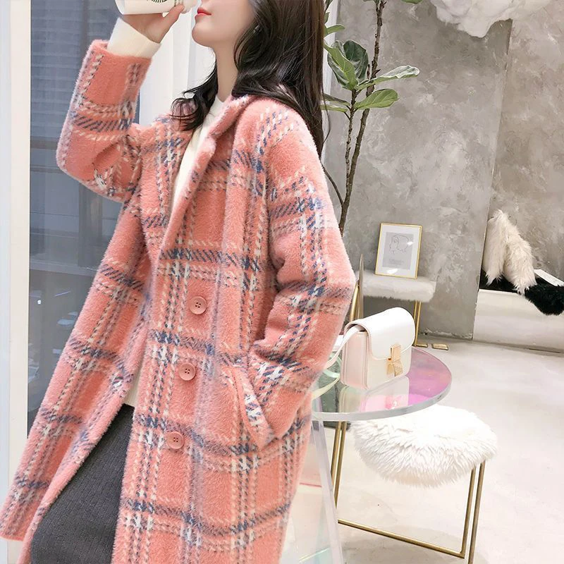 

Elegant Plaid Women Woolen Coats Ladies Autumn New Fashion Casual Mink Fur Turn Collar Coats Female Long Loose Warm Outwear 2023