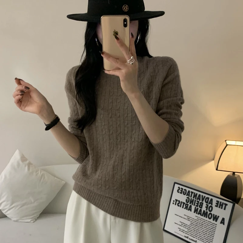 

New 100% merino wool semi-turtleneck sweater solid color long-sleeved women's knitted openwork sweater loose pullover