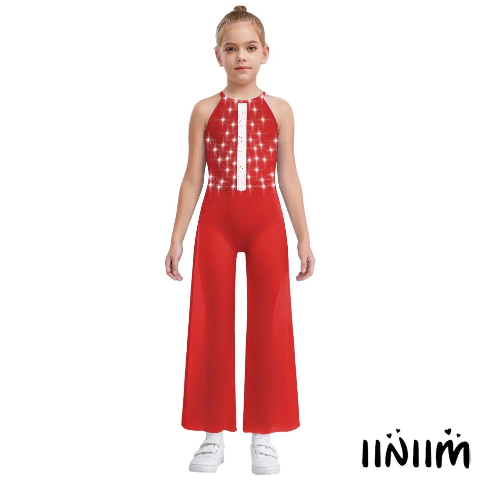 

Shiny Rhinestones Bodysuit Kids Girls Sleeveless Sides Split Wide-Leg Dance Jumpsuit with Built-in Briefs Performance Dancewear