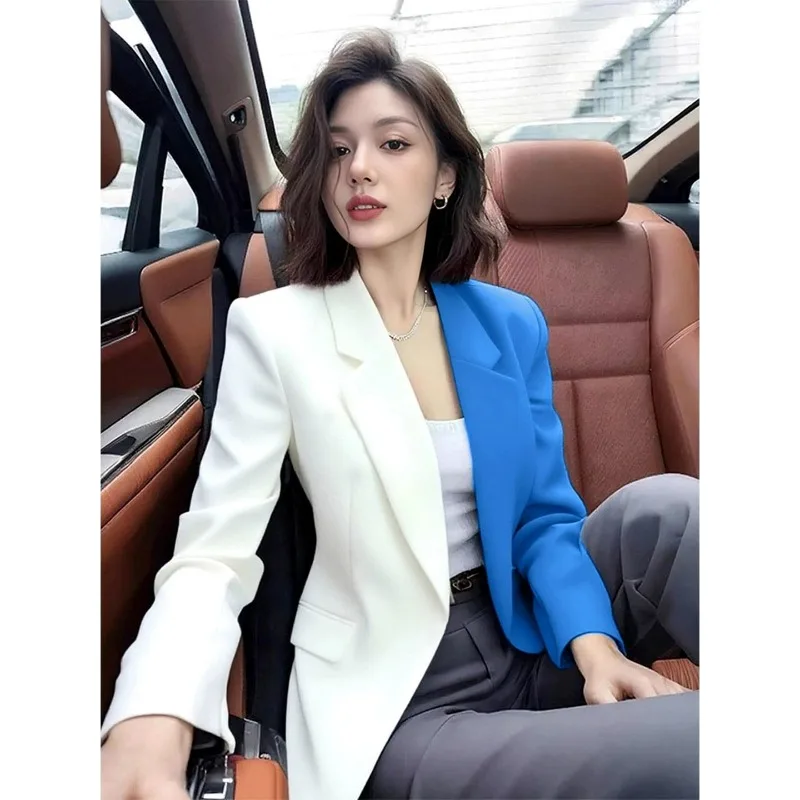 

Women's Contrast Color Blazer Lapel Long Sleeve Cardigan Casual Fashion Top