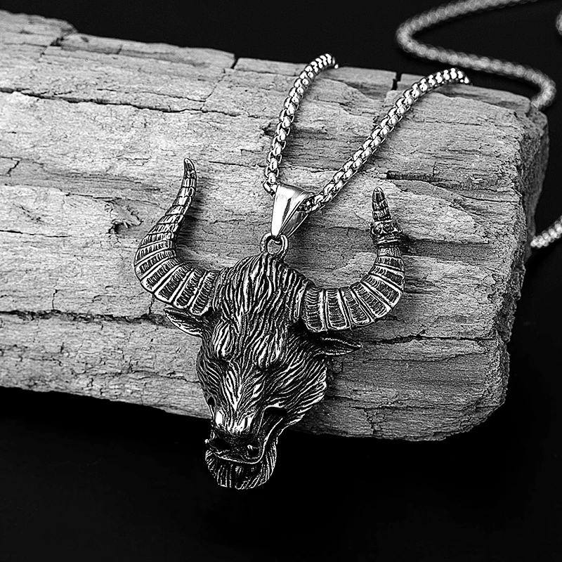 Men Retro punk Pendant Stainless Steel Hexagonal Star Satan Ram Bull Head PendantNecklace animal sheep head sweater chain collar