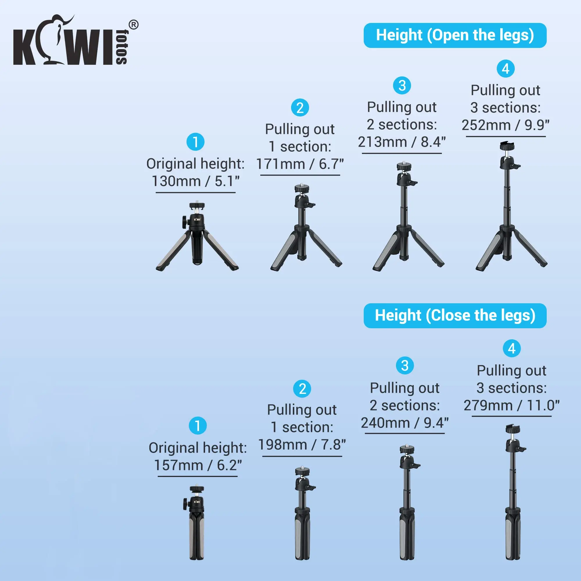 KIWI Desktop Mini Camera Tripod Stand with Phone Holder Extendable Selfie Stick Handle Grip for iPhone 15 14 13 Tabletop Tripod