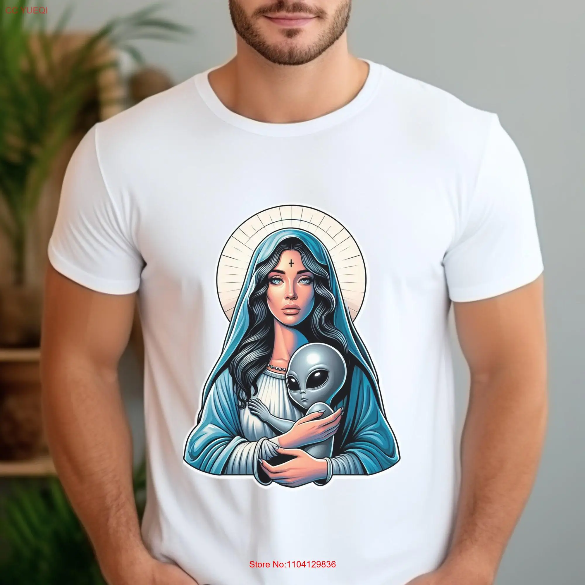 Divine Encounter Alien T Shirt Virgin Mary Sci Fi Apparel Baby UFO Intergalactic  long or short sleeves