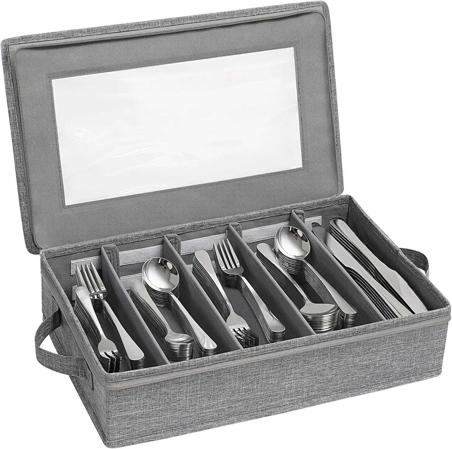 

Silverware Storage Box, Covered Flatware Organizer with Zipper Lid, 5 Compartment Cutlery Case with