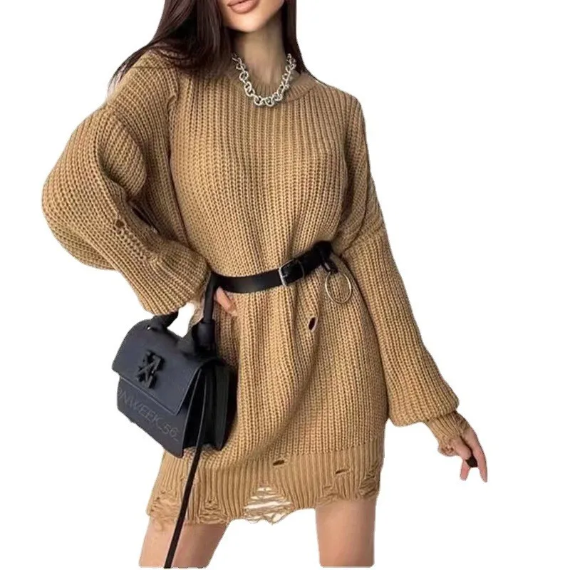 Autumn Winter New Solid Color Round Neck Long Sleeved Sweater With A Torn Hole At The Hem Loose Knit Pullover Sweater