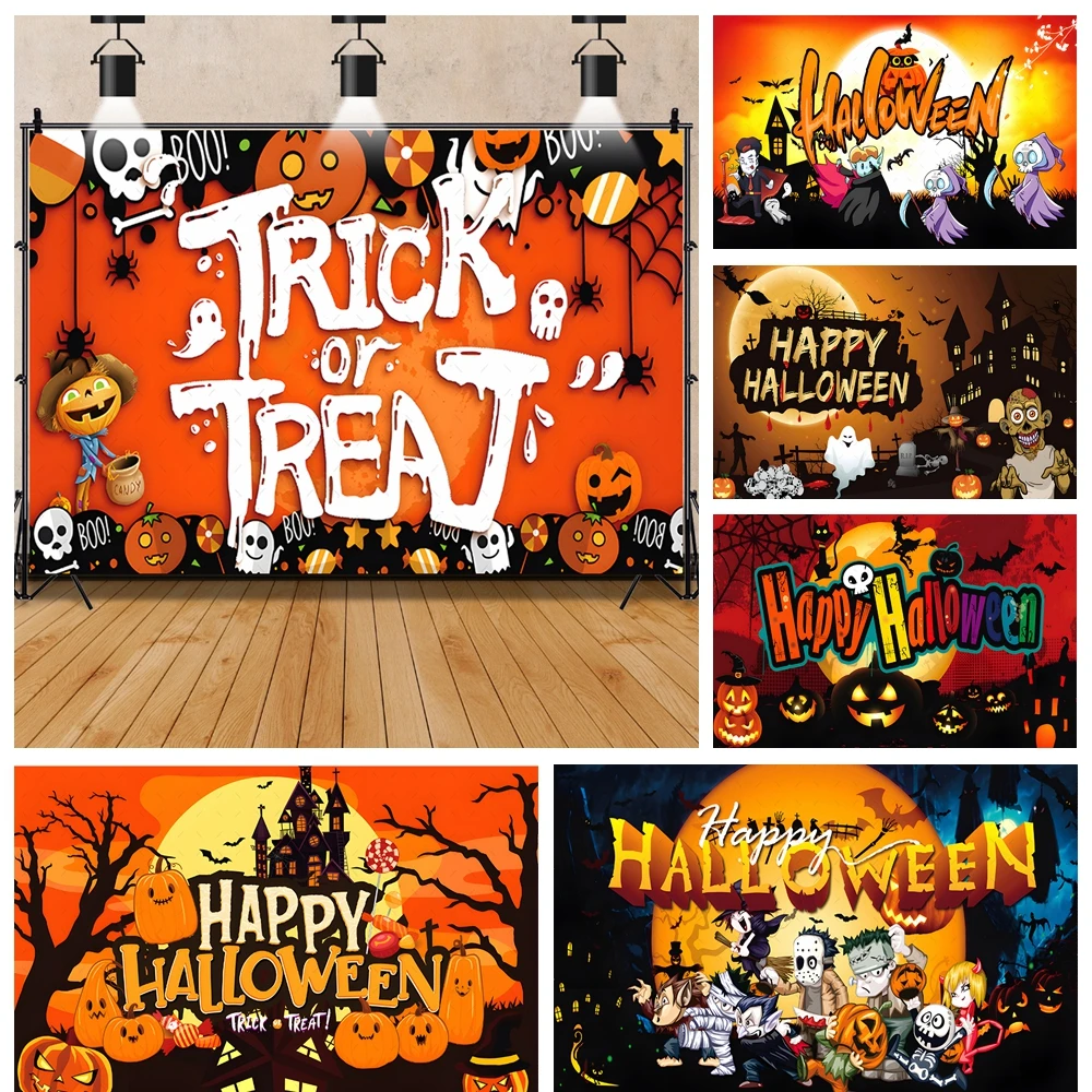 

Halloween Cartoon Night Castle Moon Pumpkin Lights Banner Backdrop Custom Kids Family Party Theme Photo Poster Decor Background