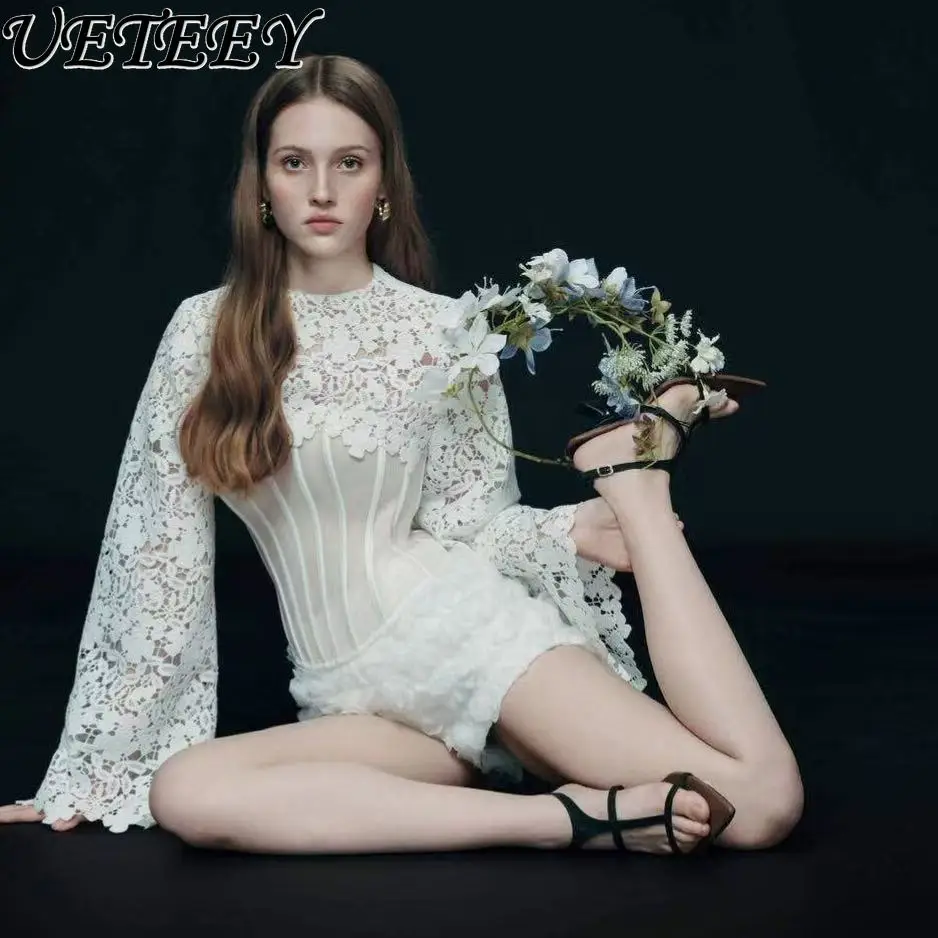 

Niche Designer White Shirt Shirt Shorts Set New Summer 2026 French-style Lace Long-sleeved Tshirt Top Boned Bodice Floral Shorts