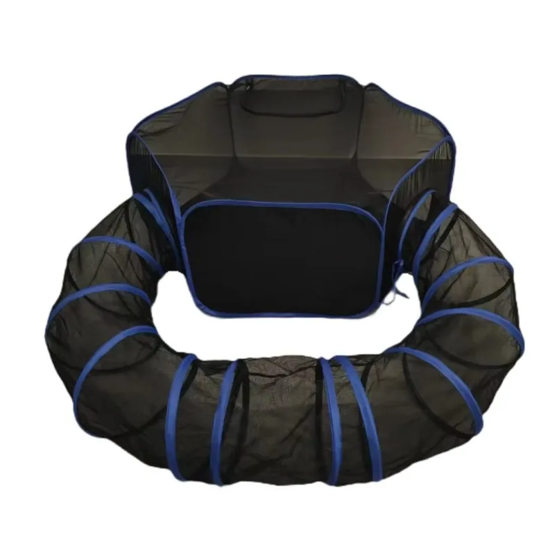 

Portable blue hexagonal pet cage zipper breathable mesh steel wire frame 2-in-1 interactive dog cat toy tunnel u-shaped