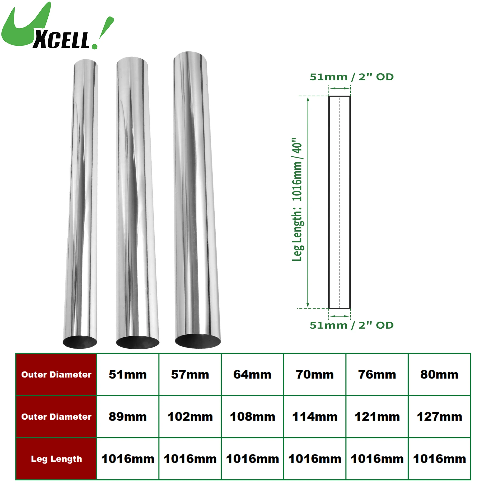 

UXCELL 1016mm End Long 51mm-127mm OD Straight Exhaust Pipe Tube Car Exhaust Pipe Mandrel Bend Tubing T304 Stainless Steel