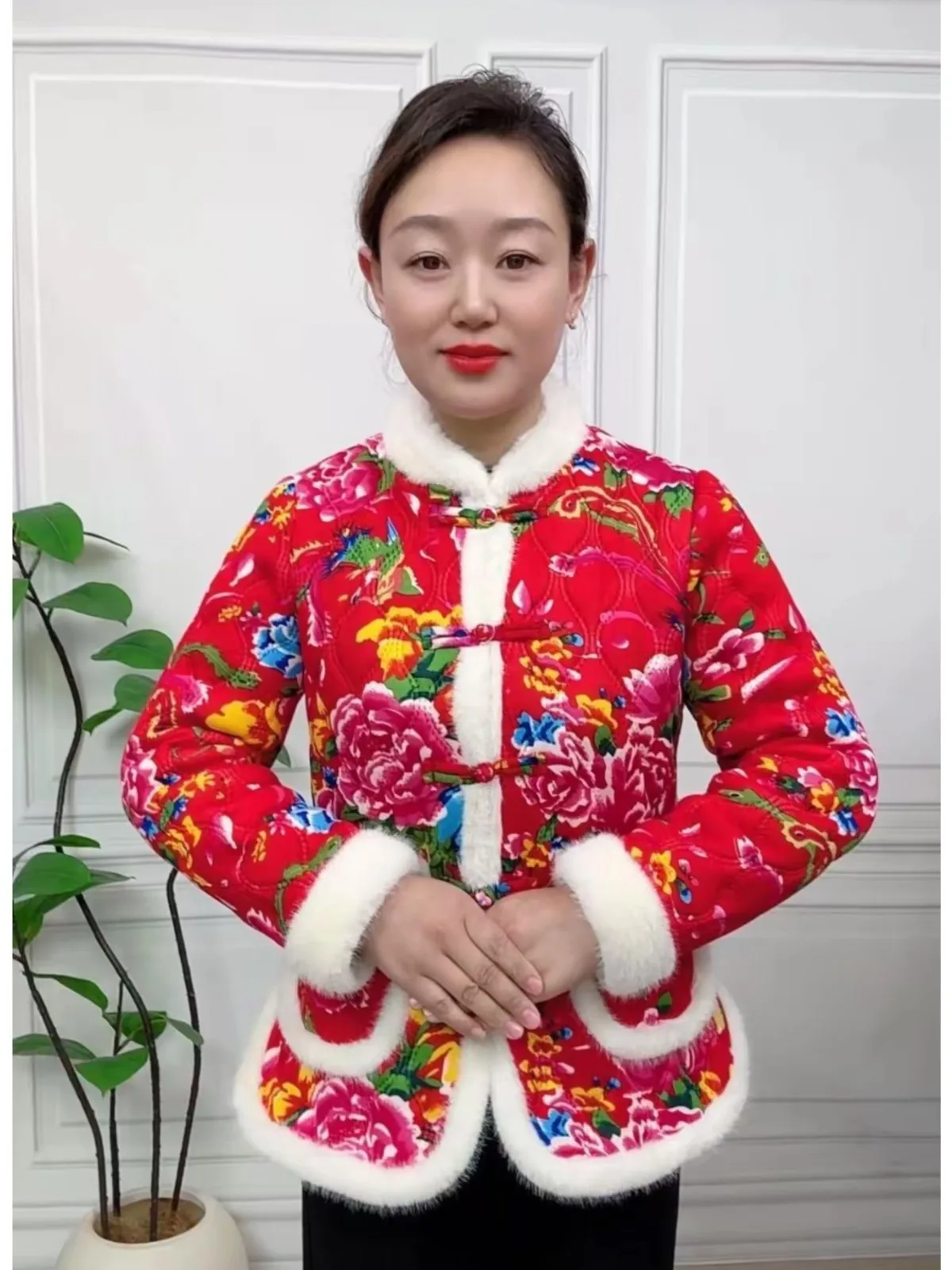 

Утепленная хлопковая куртка для женщин с воротником-стойкой, в традиционном этническом стиле, с флисовой подкладкой, теплая зимняя одежда для женщин среднего и пожилого возраста.