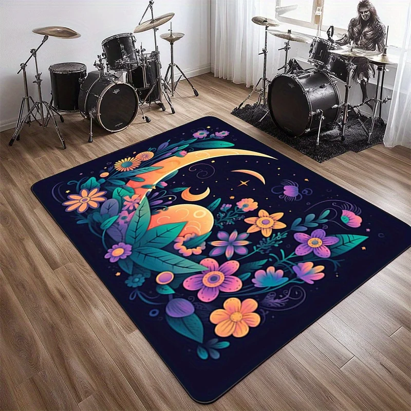 

Vibrant Floral & Celestial Non-Slip Area Mat Crystal Velvet, Dark Blue with Colorful Flowers, Moon & Stars Design