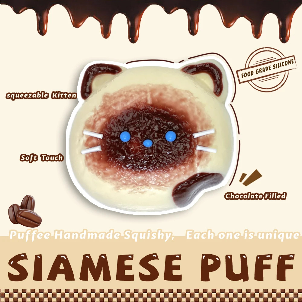 Siamese Puff Food-grade Silicone Squishy Toy, Creamy Soft Adhesive Toy, Taba Squishy, Happy Game Pinching Dessert Toy, Cat Kitty