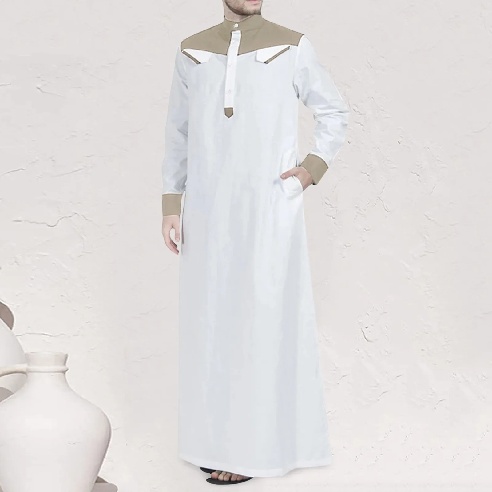 Męski luźny muzułmański Thobe wygodna odzież z długim rękawem Arab saudyjski Kaftan Jubba Dishdas długa tunika Kaftan Top szlafrok