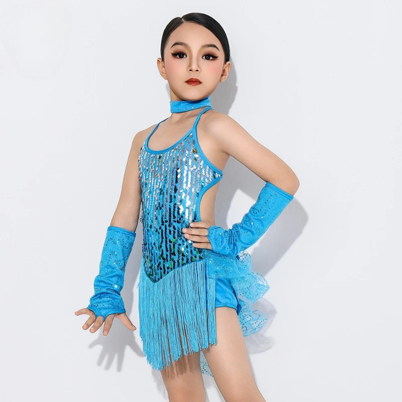 

Платье для латинских танцев для девочек, однотонное платье без рукавов для латинских танцев, платье для ча-ча, детская юбка для танго, карнавальная одежда, детский сценический костюм для подростков