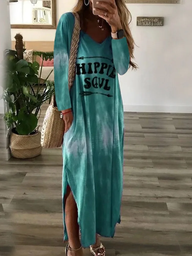 

Women's Clothing dress Letter Printed Long Sleeves dress Split-side Maxi Dress Summer and autumn Women Holiday Wear Sportswear