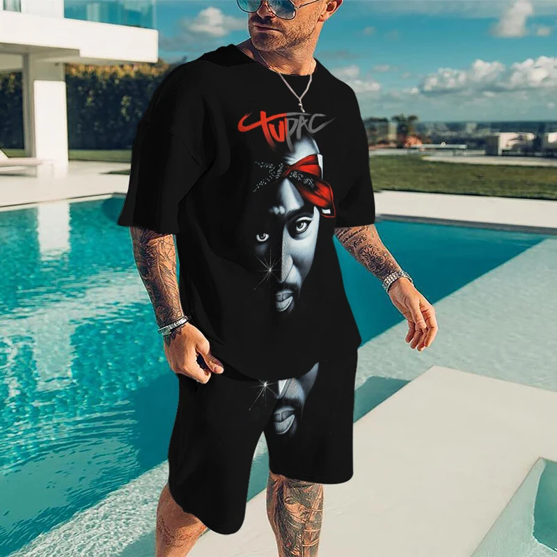 2Pac Singer 3D Print Summer Men\'s Set Hip Hop Men T-Shirt Shorts Suit Women Tracksuit Oversized Male 2 Piece Outfit Man Clothing