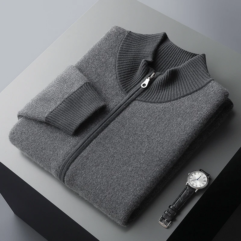 100% Cashmere Men's Semi High Neck Sweater Cardigan Autumn Winter Warm Business Casual Jacket Basic Style Knitted Soft Thick Top