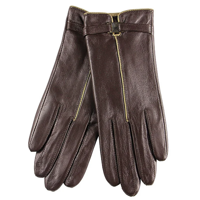أزياء النساء قفازات جلدية الخريف الشتاء الحرارية المخملية المعصم مشبك معدني السيدات الحقيقي قفازات من جلد الغنم الحقيقي الإناث L050PC