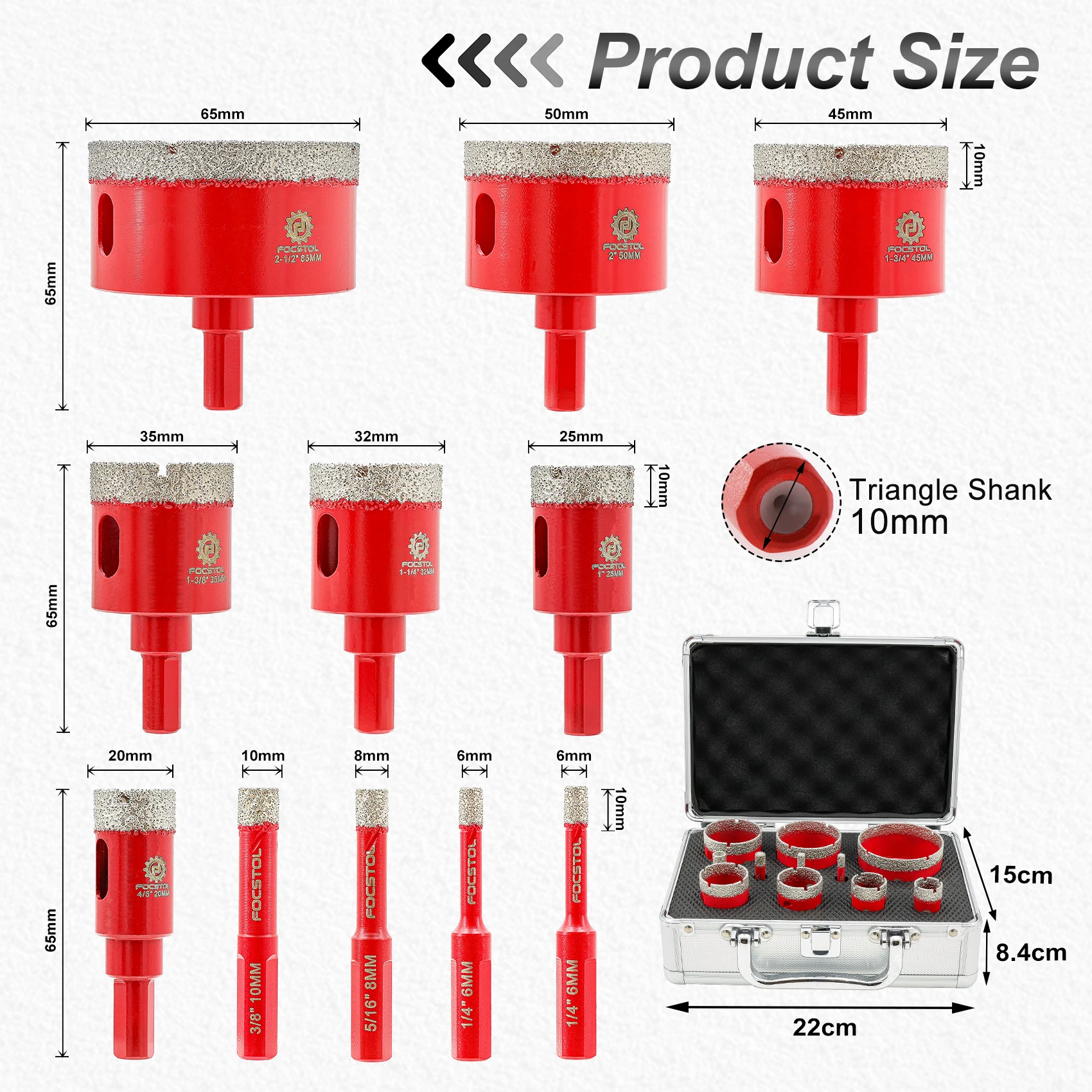 

FOCSTOL Diamond Drilling Bits Tile Hole Saw Drill Bit Set 6-65mm for Porcelain Tile Ceramic Granite Marble Core Bit
