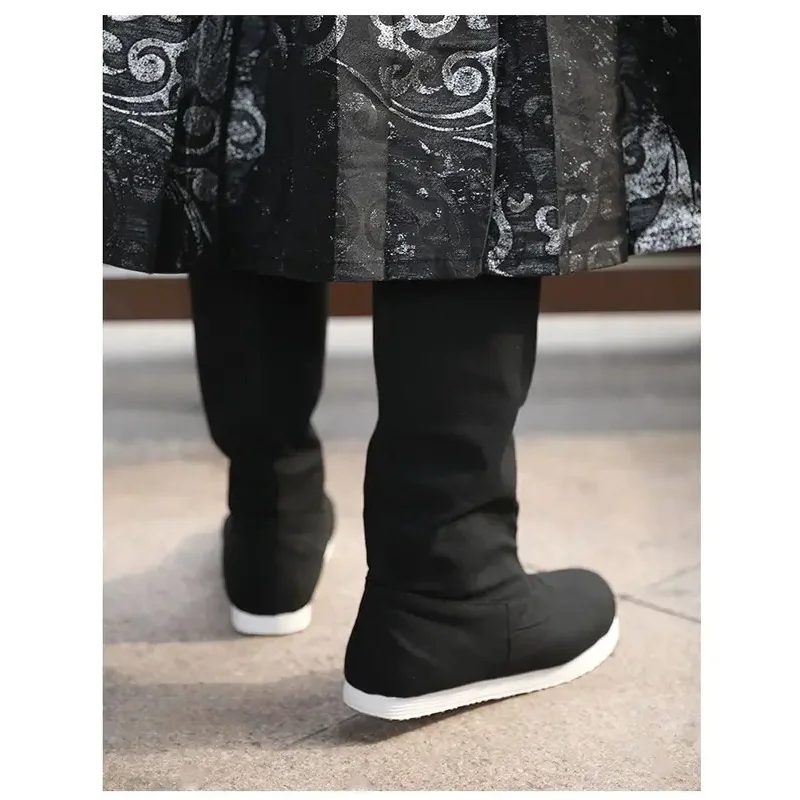 Botas de espadachim guerreiro da dinastia ming chinesa preta para adultos wushu kung fu sapatos dedo do pé redondo vintage filme jogar acessórios hanfu