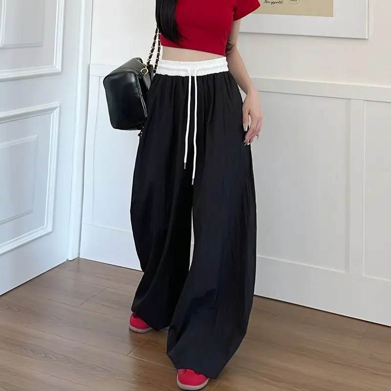 Chic Patchwork Wide Leg Pants Women's Loose Elastic Waist Drawstring Straight Leg Pant Slimming Streetwear Autumn New Sportswear