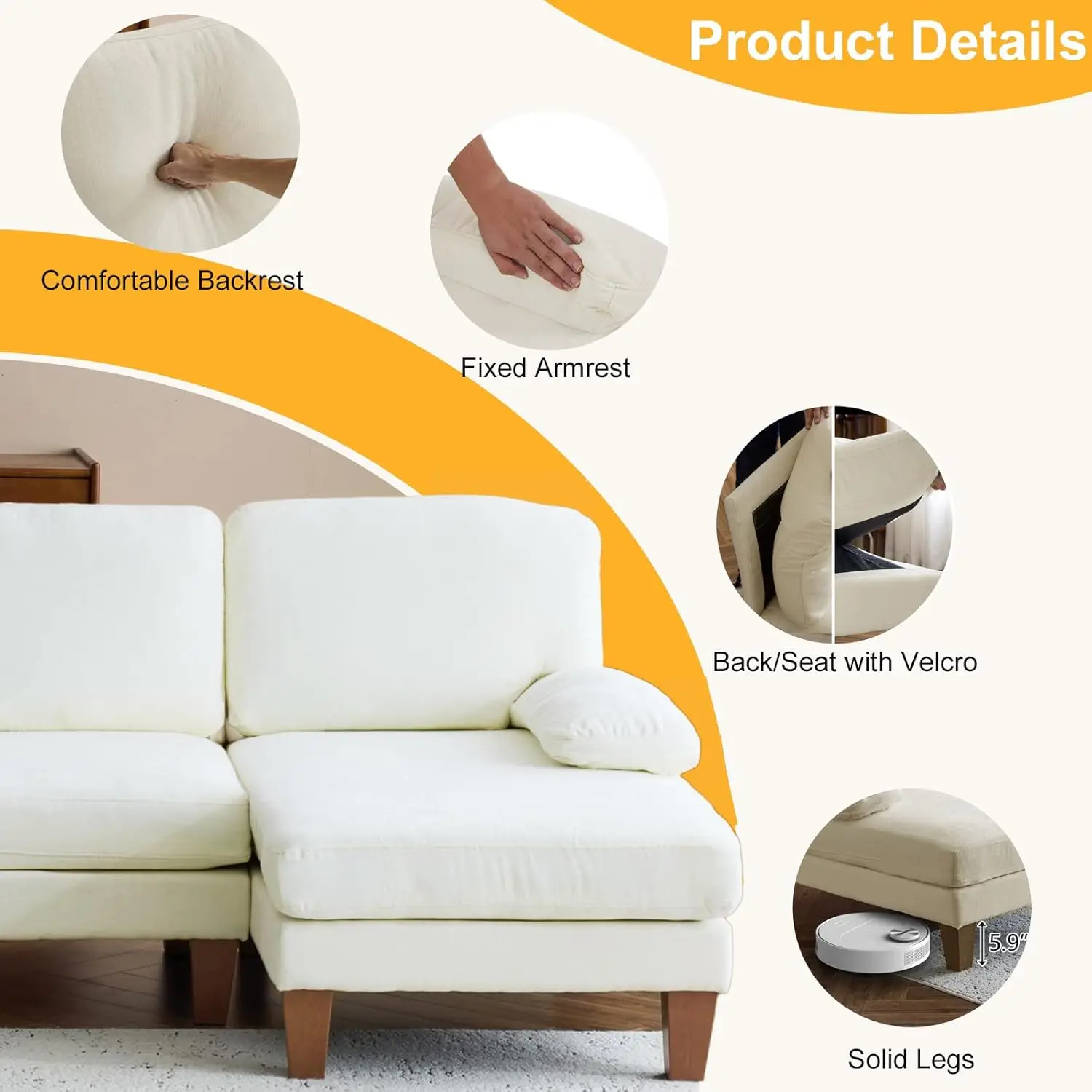 أريكة منزلية مقسمة على شكل حرف U مقاس 111 بوصة أريكة حديثة ذات 4 مقاعد مع كراسي من قماش الشنيل أريكة قابلة للتحويل مع خشب