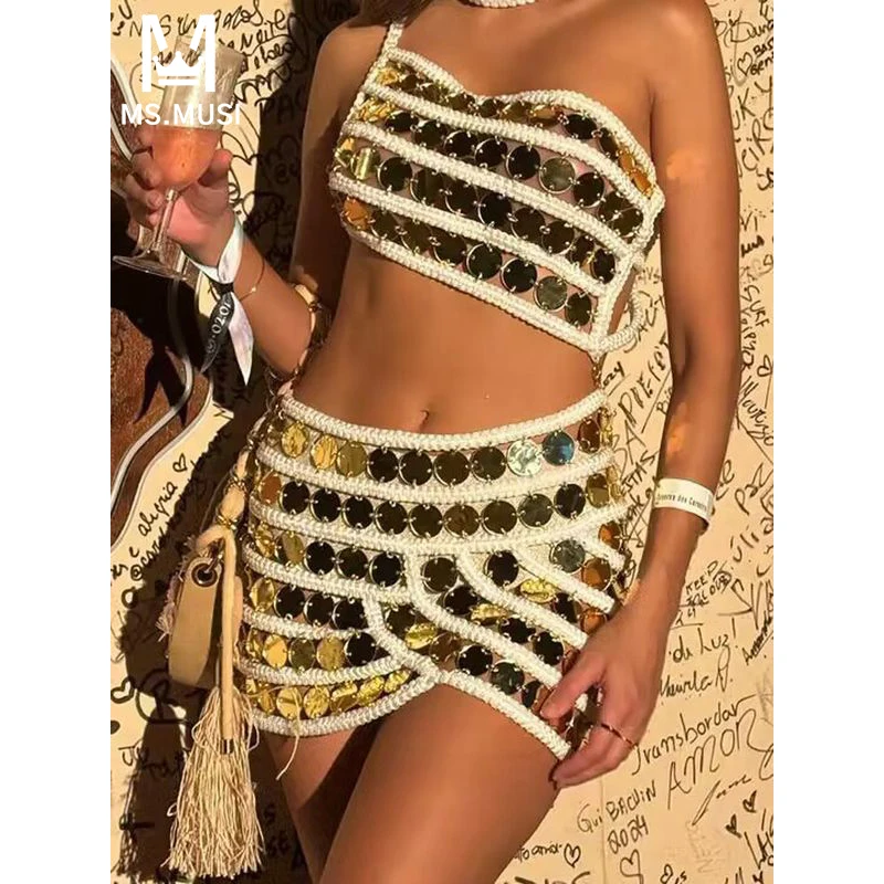 

MSMUSI 2024 New Fashion Women Sexy Sequins Hollow Out Two Piece Set Bodycon Party One Shoulder Top Short Mini Skirt Set Suit