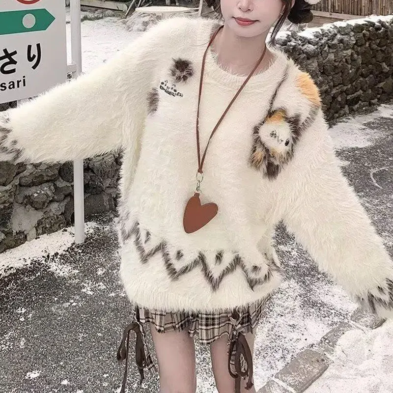 

Cute Cartoon Jacquard Weave Sweaters Female Clothing Casual O-Neck Winter Thick Vintage Fair Isle Loose Chic Knitted Pullovers