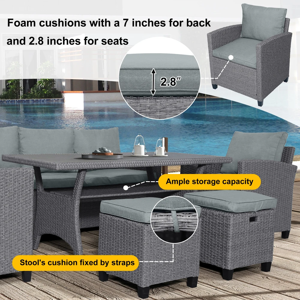6-Piece Outdoor Rattan Wicker Set Patio Garden Backyard Sofa, Chair, Stools and Table, Gray