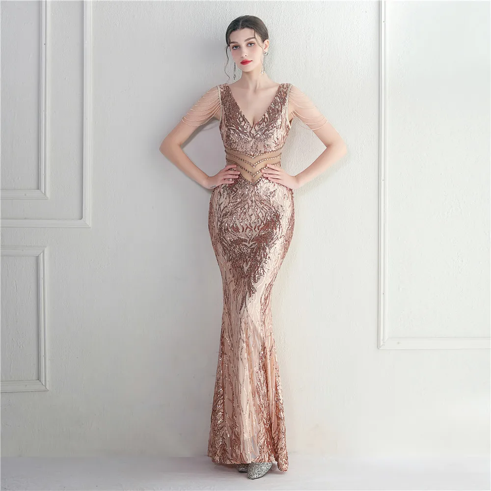 

Luxury Gold Mermaid Formal Evening Dress Sexy Illusion Backless Crystals Sequined Plus Size Women Special Occasion Gown In Stock