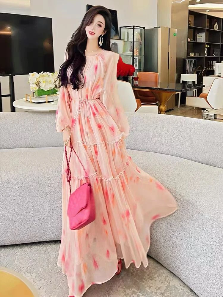 OCEANLOVE Beach Style Vestidos Mujer Spring Summer Print Floral A-line Vintage Women Dresses Korean Fashion Elegant Long Dress