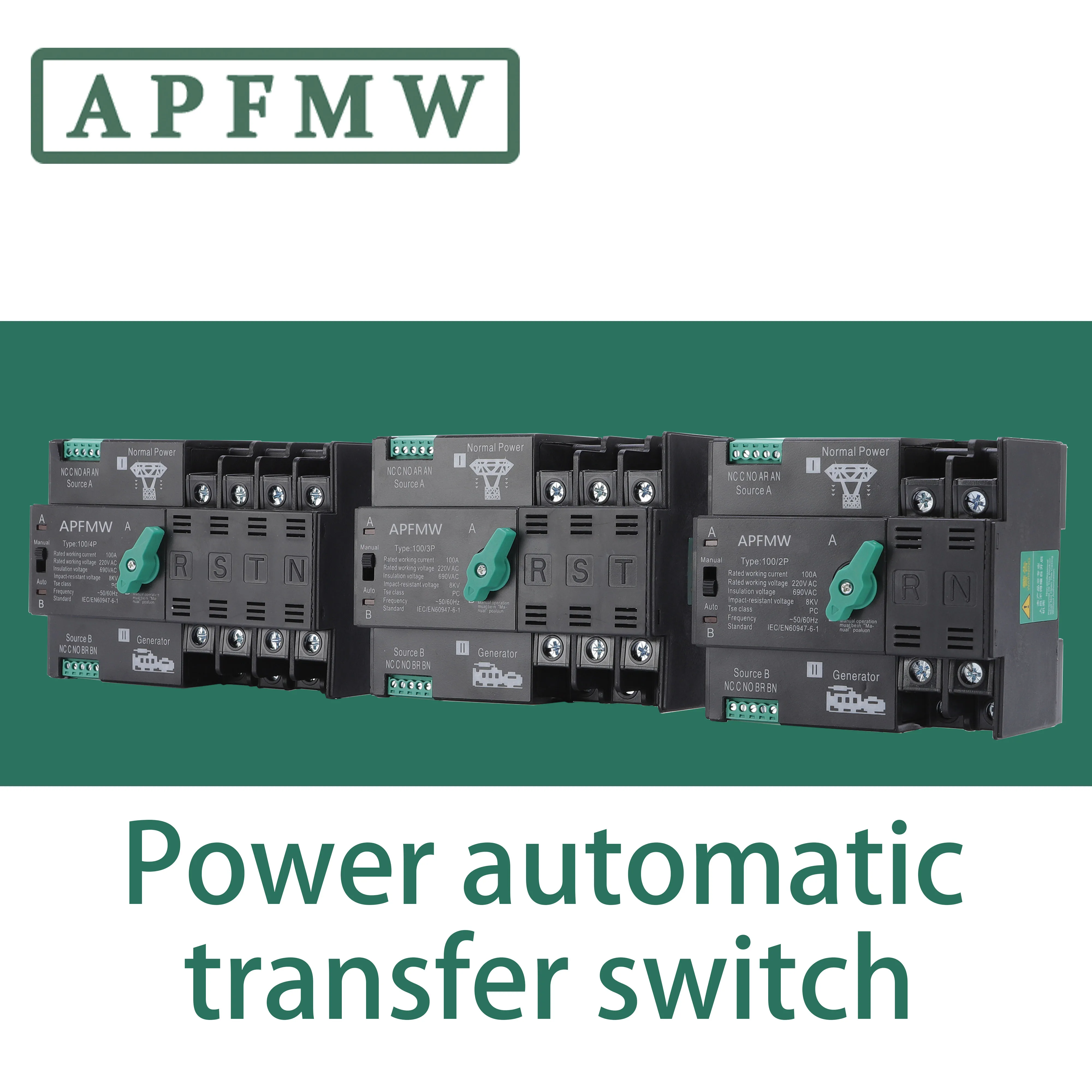 

APFMW Dual Power Automatic Transfer Switches Din Rail ATS Uninterrupted 63A 100A 50/60HZ HQ 2P 3P 4P 220V