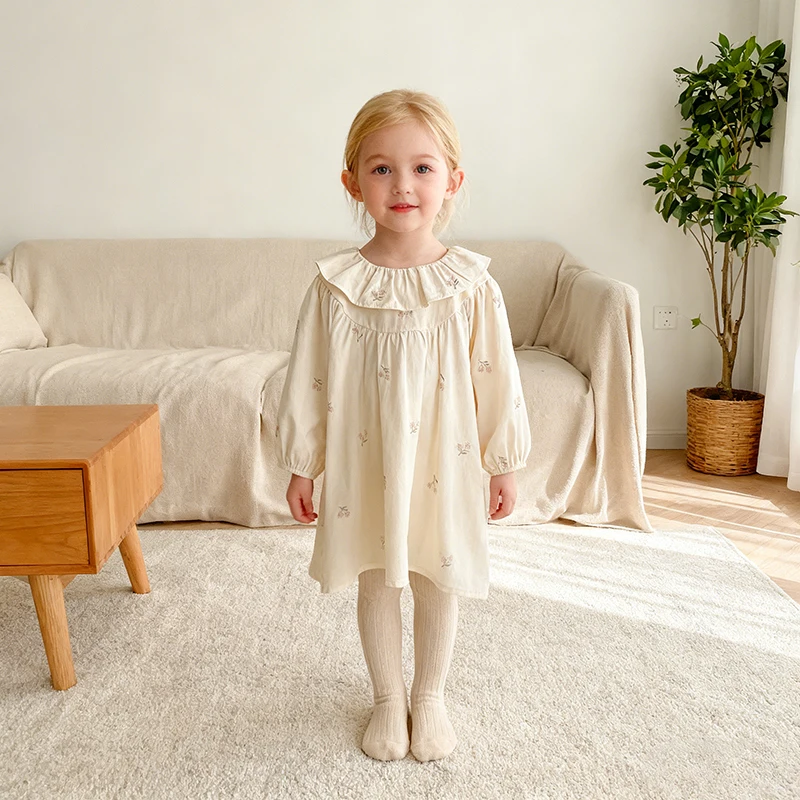 2026 neue Baby Mädchen Party Kleid Kinder Langarm Kleid Frühling 2-6Y Baumwolle Stickerei Baby Revers Kleid Prinzessin süße Kleider