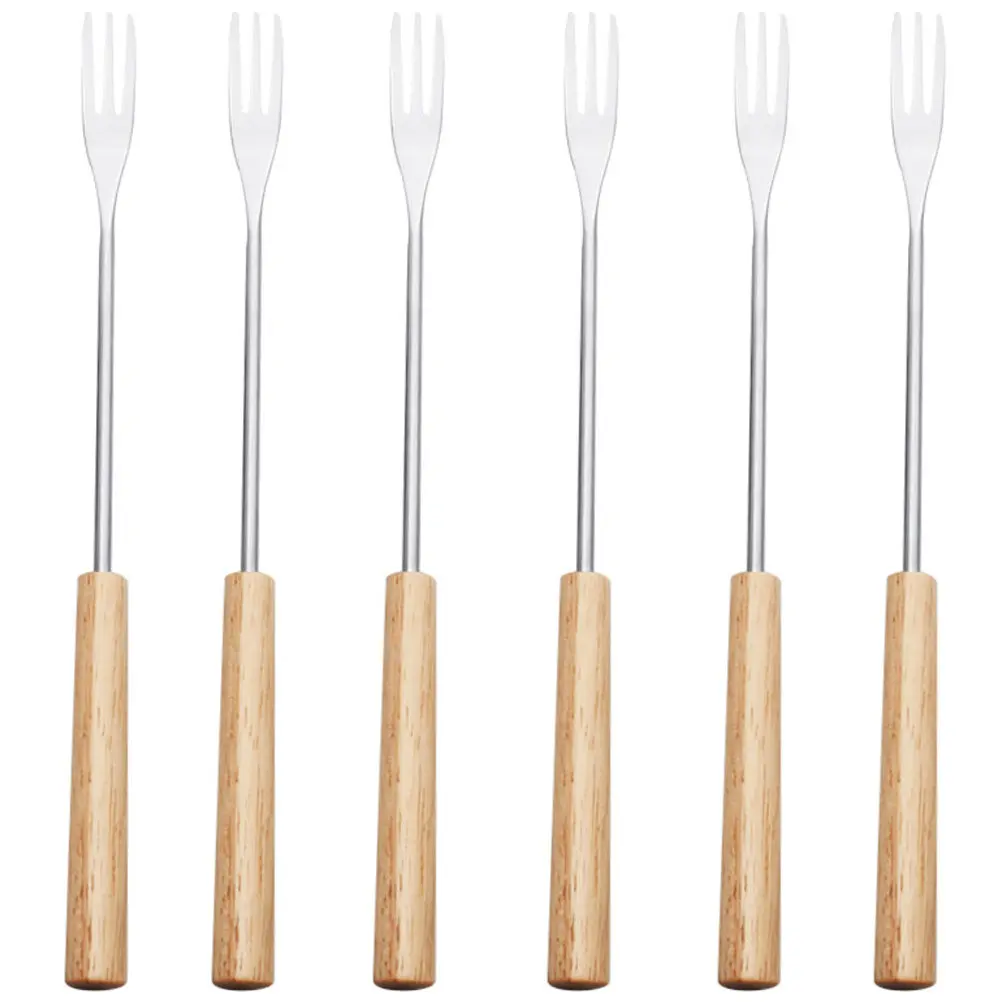 

Набор из 6 вилок для шоколадного фондю с длинной ручкой из нержавеющей стали и деревянной вставкой для бальзамического соуса, крема и десертов