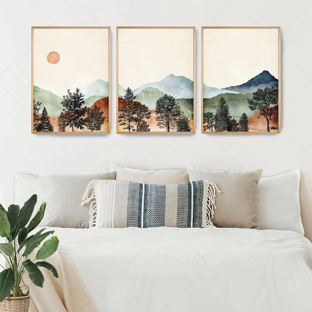 1 Stück rahmenloses Aquarell-Gemälde mit Berg- und Waldlandschaft, Wandkunst auf Leinwand, nordisches Poster und Druck, Wandbild, modernes Wohnzimmer R