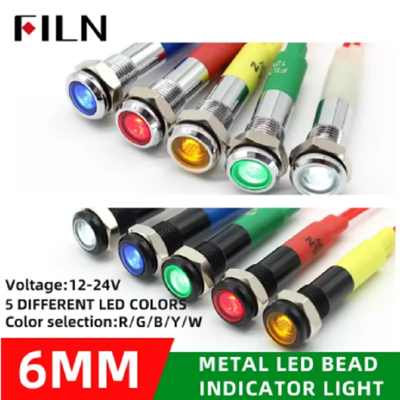 

FILN 1pc 6mm mini 12v 24V LED Metal indicator light flat pilot light signal lamp red green blue orange white with 20cm cable
