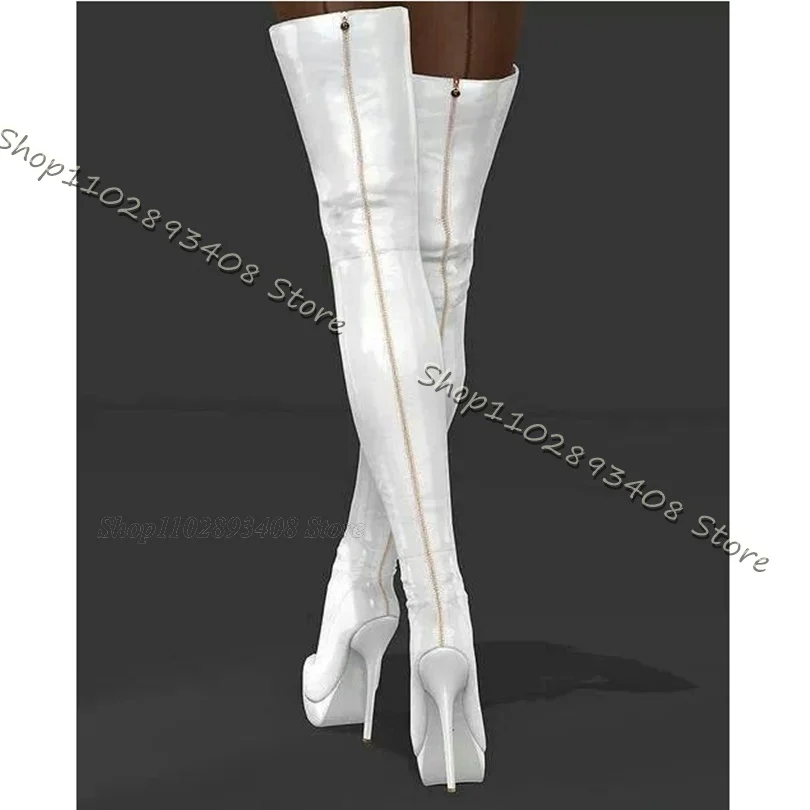 

White Platform Stiletto Knee Boots High Heels Back Zipper Round Toe Solid Winter Elastic Over Knee Boots Zapatos Para Mujere