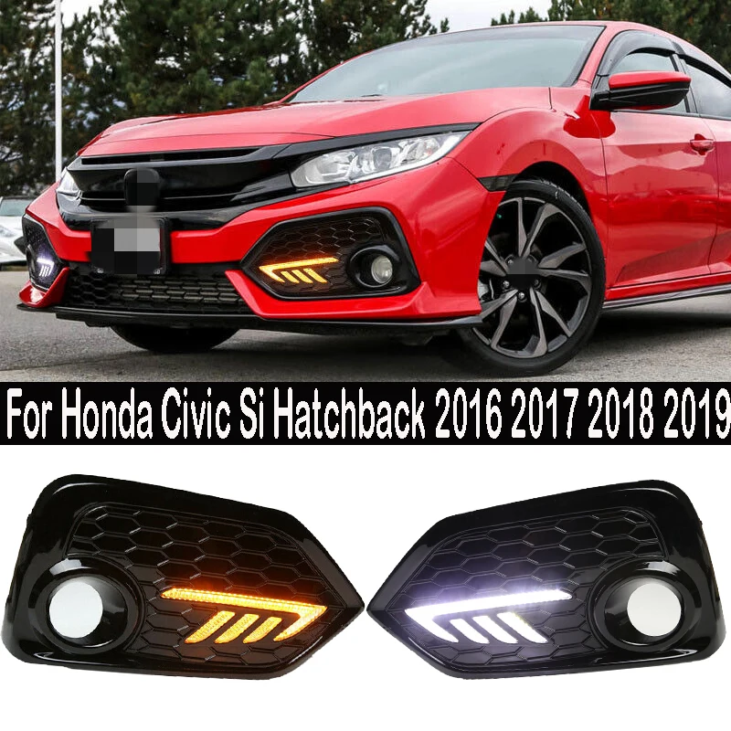 

2pcs For Honda Civic Hatchback 2016 2017 2018 2019 Front Bumper Fog Light Cover Mesh Gloss Black Lamp Cover With Light