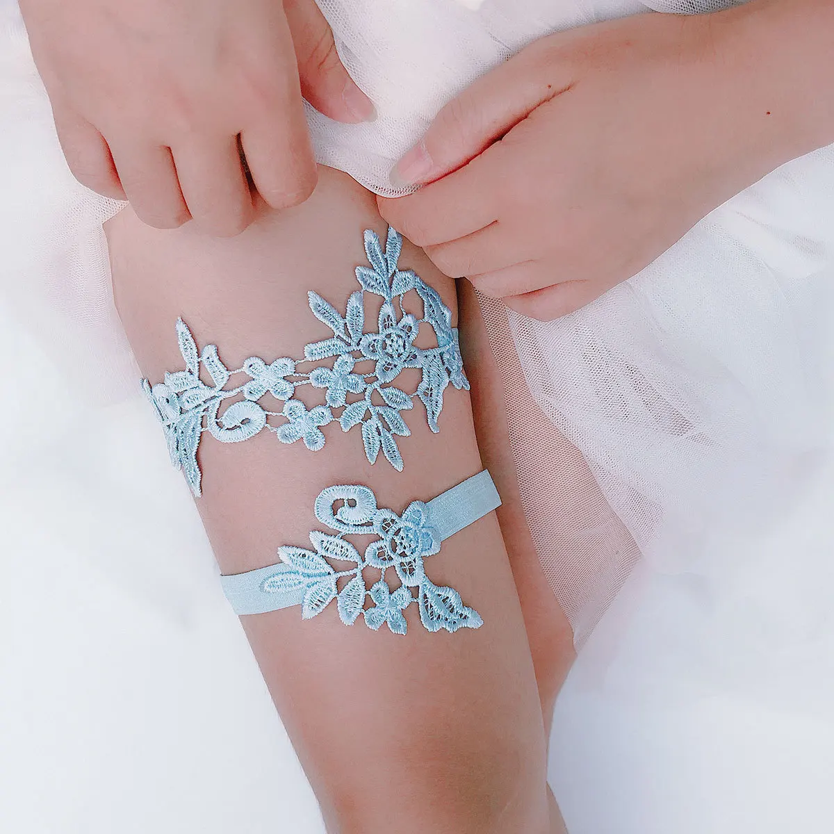 2pcs Women Blue Leg Ring Sexy Lace Garter Belt Leg Loop Wedding Garters Bridal Female Cosplay Thigh Ring Stocking Belt