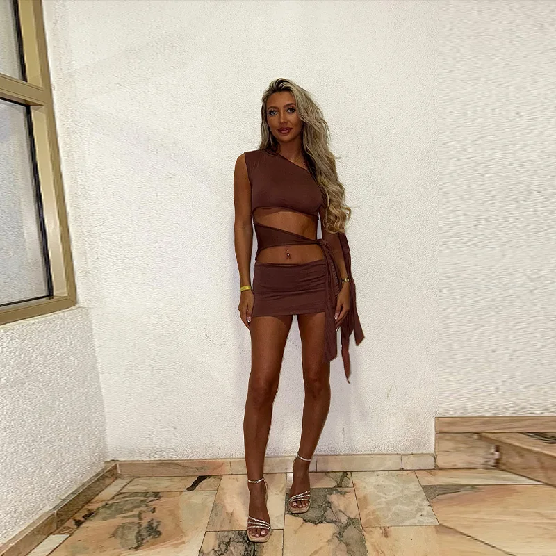 2026 New Sexy Exquisite Hollow Outfits Vacation Beach Light Lace Up Clothes Women\'s Trendy Unique Design Cropped Mini Dresses