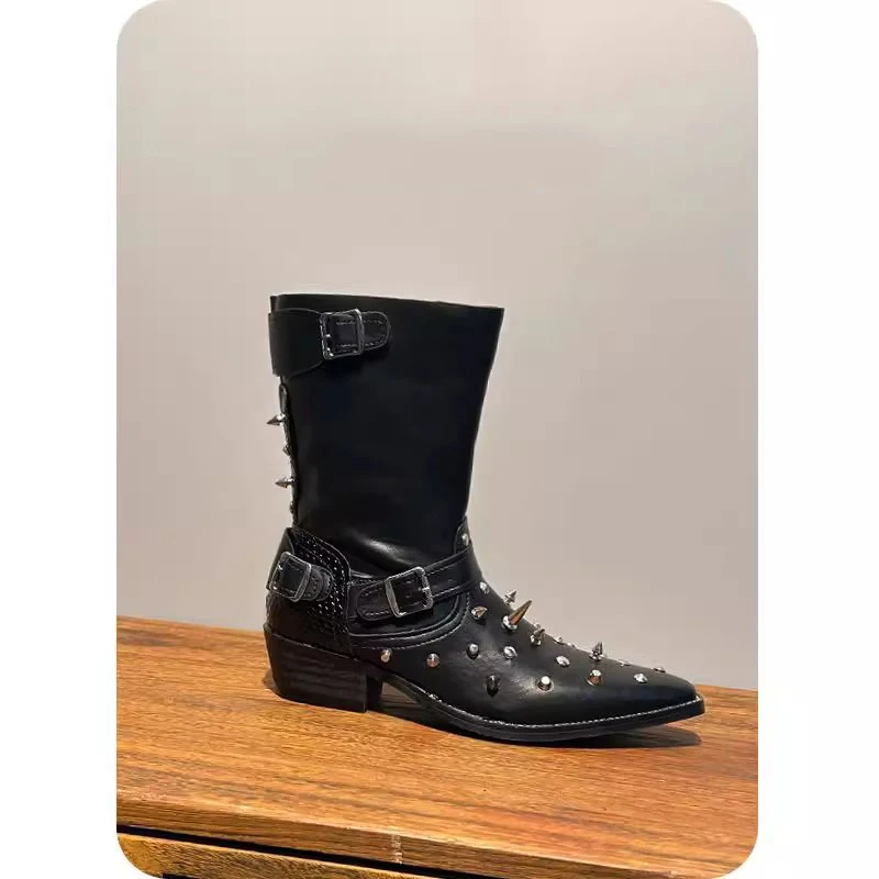 

Ботильоны с острым рукавом в стиле панк, темные модные модные ботильоны без шнуровки для девочек с металлической пряжкой и заклепками Knight Botas Femininas