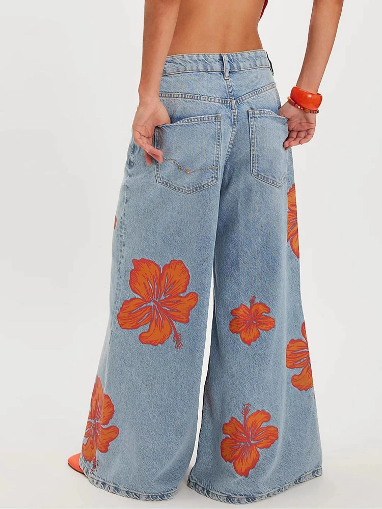 Retro Floral Graphic Print Women's Denim Pants High Waist Casual Loose Wide Leg Jeans Trousers 2026 New Elegant Lady Streetwear